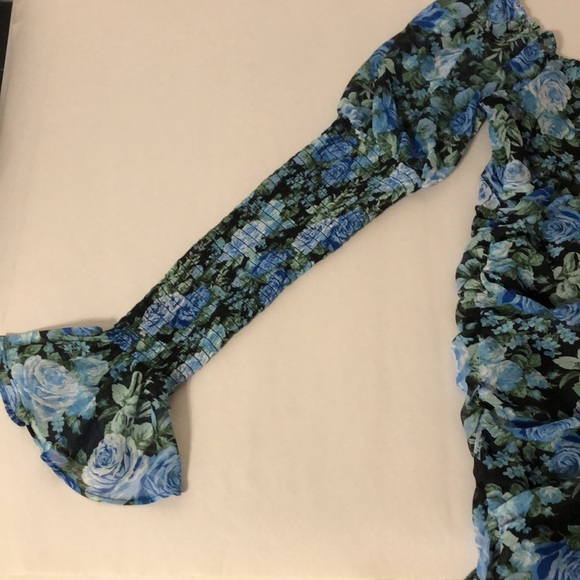 WAYF Floral Blue Cinched Hi-Low Fitted Sheer Puff Long Sleeve Dress size Medium - Picture 5 of 13